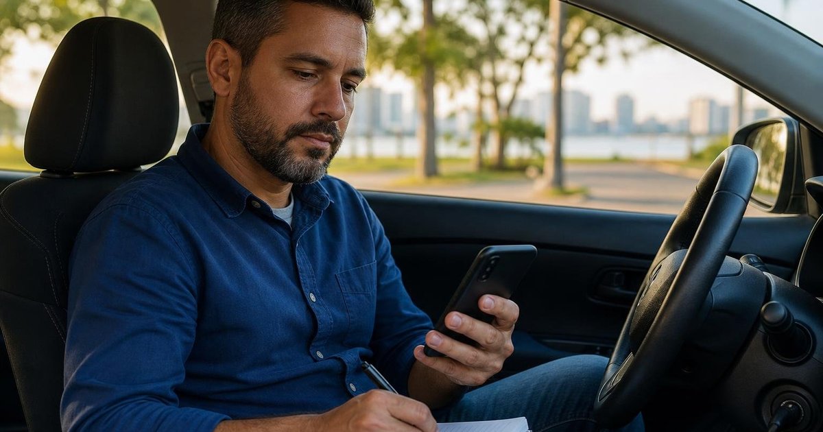 Motorista sentado no carro consulta o celular e faz anotações em um caderno antes de iniciar uma corrida.